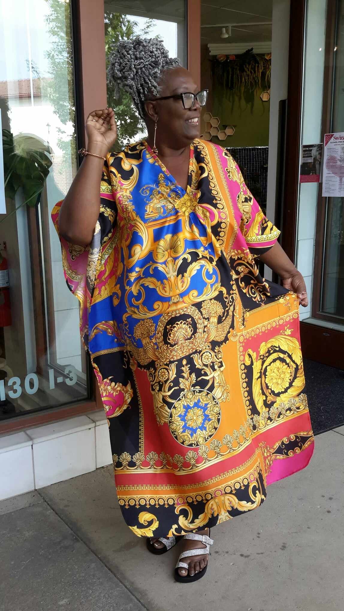 100% Italian Silk Caftan - Not Versace Magenta-Royal Print - Petite One Size (fits S-M-L)
