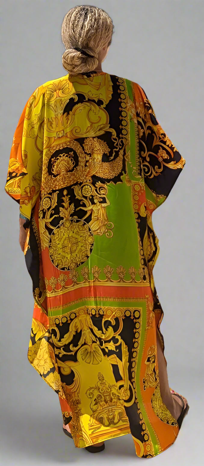 100% Italian Silk Caftan - Not Versace Lemon-Kiwi Print - Missy One Size (fits S-M-L)