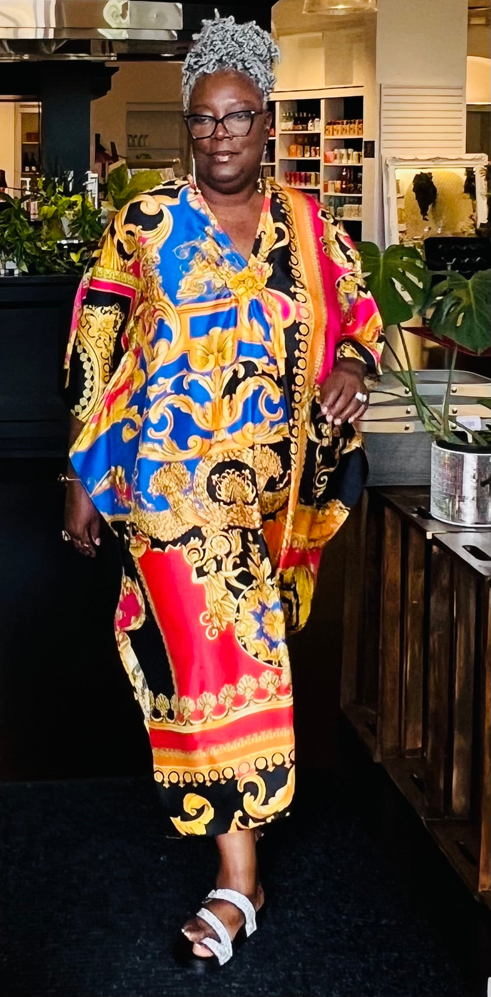 100% Italian Silk Caftan - Not Versace Magenta-Royal Print - Petite One Size (fits S-M-L)